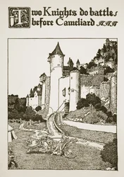 Kaksi ritaria taistelee Cameliardia vastaan, kuvitus artikkelista "The Story of King Arthur and his Knights", 1903
