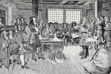 William Penn konferenssissa kolonistien kanssa, kuva "William Pennin ensimmäinen vierailu Amerikkaan" -pubista. Harper