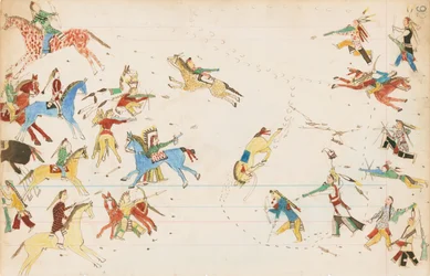 Taistelu variksen ja cheyenne-heimojen välillä, 1874-75 (kynä, muste ja wc pääkirjapaperilla)