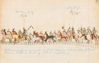 Paluu ryöstöstä Vanhaan Meksikoon Staked Plainsin poikki vangitun karjan kanssa, 1874-75 (kynä, muste ja wc pääkirjapaperilla)