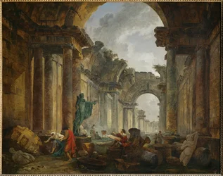 Vue imaginaire de la Grande Galerie du Louvre en ruinesImaginäärinen näkymä Louvren palatsin Grande Galleryn raunioista ...