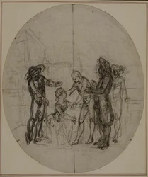 Tutkimus Collein teoksen "La Partie de Chasse de Henri IV" toista, koskaan julkaisematonta painosta varten, III näytös, kohtaus 11.