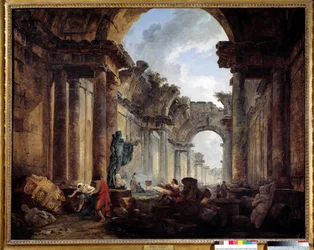 Kuvitteellinen näkymä Louvren Grande Galeriesta raunioina, Hubert Robert (1733-1808). Mitat: 1,14 x 1,46 m