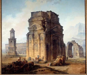 Näkymä Riemukaarelle ja Oranssin teatterille Hubert Robert (1733-1808) 1700-luvun su. 2,42x2,42 m