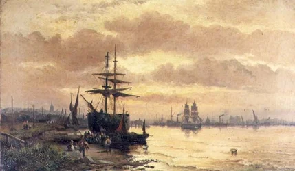 Kalastajat suiston rannalla auringonlaskun aikaan