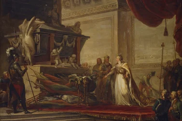 Katariina II laskemassa Chesman taistelun palkinnot Pietari Suuren haudalle, 1791