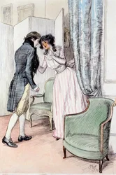 Drawing Him a Little Aside, kuvitus Jane Austenin "Sense and Sensibility" -teoksesta, julkaistu 1895 (kynä ja pesu paperille)