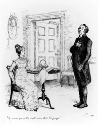 Mr Collins ja Elizabeth, Jane Austenin (1775-1817) teoksesta "Ylpeys ja ennakkoluulo" n. 1894 (kaiverrus) (bw-kuva)