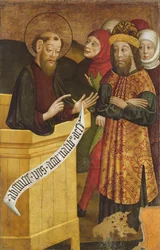 Csíksomlyón Pietarin ja Paavalin kirkon entisen alttaritaulun paneeli, n. 1480 (taulussa munatempera)