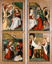 Ilmoitus, Kristuksen syntymä, tietäjien palvonta ja esitys temppelissä Szepeshelyn alttaritaulusta, 1480-90