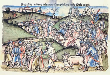 Mongolien hyökkäys Unkariin vuonna 1241 Bela IV:n aikana alkuperäisen värillisen puukaiverruksen aikana)