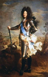 Ludvig XIV:n, aurinkokuninkaan (1638-1715) muotokuva. Kuninkaan muotokuvaajaksi nimitetyn Hyacinthe Rigaudin öljy.