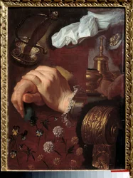 Tutkimus ristikkäisistä käsistä, kankaista, kukista, kellosta, epeestä Hyacinthe Rigaudin (1659-1743) maalaus 1700-luvulta Rouen, Musee des Beaux Arts