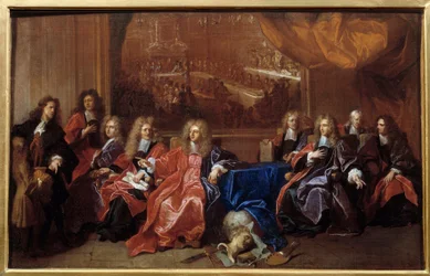 Pariisin kaupungin prevot ja echevins pohtivat Ludvig XIV:lle tarjotun illallisen muistoa Hotel de Villessä hänen sodan jälkeen vuonna 1687. Hyacinthe Rigaudin (1659-1743) maalaus