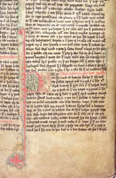 Historioitu alkukirjain P Grönlantilaisten saagan alussa, Flateyjarbokista (Flateyn kirja) 1300-luvun lopulla