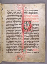 Historiallinen alkukirjain P, joka kuvaa kahta kauppamiestä, kauppaa käsittelevän osan alusta, Skarosbokista (Skardin kirja) n. 1350