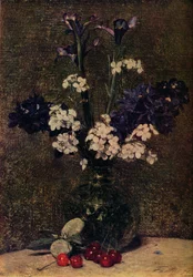 Maljakko kukkia, kirsikoita ja manteleita pöydällä, Nature morte, iirikset, Delphinium-hybridit a