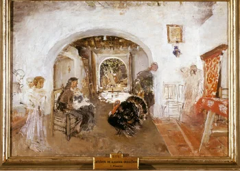 Valencian maatilan sisustus Espanjassa. Ignacio PINAZO CAMARLENCHin maalaus