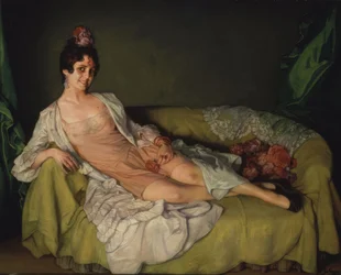 (Nojatuolissa makaava nainen alushameessa ja aamutakissa), 1900-luku