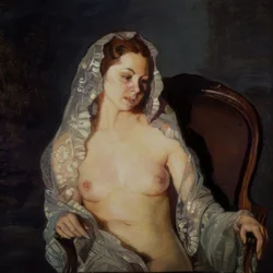 (MUJER SENTADA DESNUDA CON MANTILLA TRANSPARENTE) – SIGLO XX