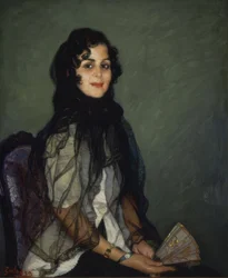 Angustias valkoisissa, musta mantilja ja viuhka - 1900-luku - 95 x 79 cm
