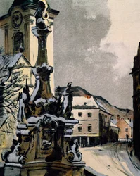 Näkymä Hainburg an der Donausta, Itävallasta, kaupungista, jossa Franz Joseph Haydn (1732-1809) opiskeli musiikkia vuosina 1738-1740, Igo Potschin (1884-1943) vedos muusikon satavuotisjuhlan kunniaksi