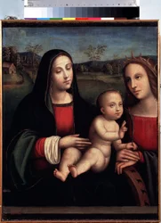 "Madonna ja lapsi Pyhän Katariinan kanssa Aleksandrialaisen"" Francesco Raibolinin maalaus dit il Francia (1450-1518) Pietarin Eremitaaši