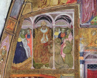 Pyhä Franciscus rukoilee paavi Honorius III:ta antaumukselle, fresko Porziuncolasta, 1393