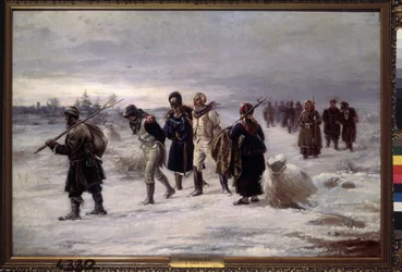 Vuonna 1812. (Napoleonin suuresta armeijasta vangitut vangit kävelevät lumessa uupuneena, venäläisten talonpoikien saattajana). Illarion Mikhailovich Prjanišnikovin (1840-1894) maalaus öljy kankaalle