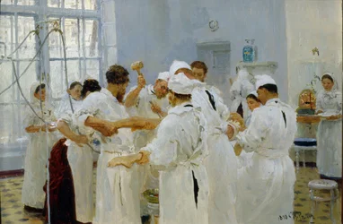 Kirurgi Ivan Pavlov (1849-1936) leikkaussalissa (The Surgeon Pavlov in an Operating Room). Lääkäritiiminsä, avustajiensa ja sairaanhoitajiensa ympäröimänä kirurgi leikkauttaa sairasta potilasta. Ilja Jefimovitš Repinin (Ilia Repin) maalaus (1