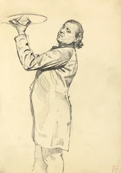 Tutkimus "Pariisilainen kahvila": Tarjoilija pitelee tarjotinta, c. 1872-1875