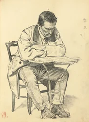 Tutkimus "Pariisilainen kahvila": Mies istuu kahvilan pöydässä, lukee sanomalehteä, n. 1872-1875