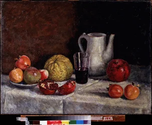 Asetelma granaattiomenan kanssa. Maalaus Ilja Ivanovitš Mashkov (Ilia Mashkov, Matchkov) (1881-1944), öljy kankaalle, loppu 1930. 1900-luvun venäläistä taidetta, Neuvostoliiton taidetta. Alueellinen A. Deinekan taidegalleria, Kursk (Venäjä).