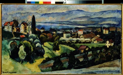Näkymä Nervin kaupunkiin (Italia) Kuvaus maisemasta ja pikkukaupungista Italian Rivieran rannikolla lähellä Genoaa kesällä. Ilja Ivanovitš Mashkov (Ilia Mashkov, Matchkov) maalaus (1881-1944), öljy kankaalle.