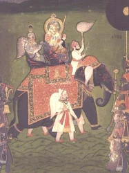 AS10-albumi 43 no.4515 Rana Jawan Singh (1828-38) Mewarista ratsastaa elefantilla, n. 1835 (läpinäkymätön akvarelli)