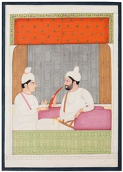 Muotokuva Raja Sansar Chandista Kangrasta ja hänen pojastaan Aniruda Chandista, Kangrasta, Punjab Hillsistä, Pohjois-Intiasta