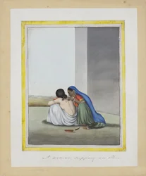 Nainen kuppaa toista, n. 1815 (läpinäkymätön wc paperilla)