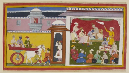 Lisää 15296 (1) f.12r, Sumantra tuo Raman ja Laksmanan vaunuissa Dasarathan durbar-halliin naisen katsoessa ylhäältä alas jharokhan läpi. Kuningas tervehtii Ramaa, ilmoittaa hänelle päätöksestään ja istuttaa hänet pienelle valtaistuimelle viereensä.