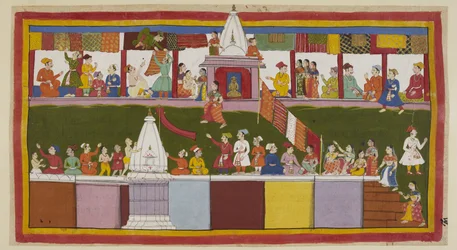 Lisää 15296 (1) f.16r, Ayodhyan kaupungin pääkadulla innostuneet kauppiaat sisustavat kauppojaan hienoimmista brokaateistaan, kun taas ihmiset kiipeävät talojen huipulle ja temppeleiden yli turvatakseen paras näkymä kruunauspros