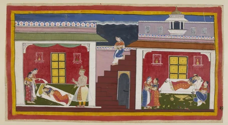 Add 15296 (1) f.22r, Manthara laskeutuu ylhäältä, menee oikealla Kaikeyin makuuhuoneeseen ja herättää hänet uutisella lähestyvästä kruunauksesta. Kaikeyi täyttyy ensin ilosta, nousee ja antaa Mantharalle kaulakorun, jota hän kantoi yllään