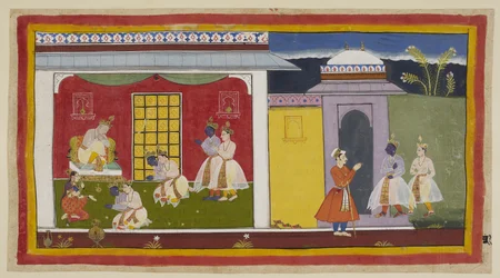 Lisää 15296 (1) f.31r, oikealla Rama ja Laksmana, Rama nyt vaihdettu nykyaikaiseen hoviasuun, lähesty Kaikeyin palatsin porttia ja, jättäen sandaalinsa ovelle, tule katsomohuoneeseen. He polvistuvat kunnioittavasti dej:n edessä