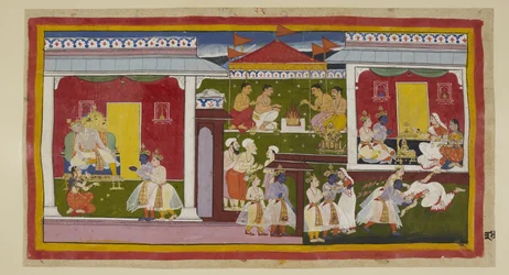Lisää 15296 (1) f.34r, Rama hyväksyy karkotuksensa täydellisellä tyyneydellä, ja hän ja Laksmana jättävät hyväksen Kaikeyille ja Dasarathalle, jotka pää alaspäin ja käännetty katse eivät pysty katsomaan poikaansa. Hän ja Laksmana lähtevät Kaikeyin palatsis