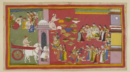 Lisää 15296 (1) f.53r, Oikealla, nähdessään poikansa ja Sitan kuorivaatteisiin pukeutuneena Dasaratha menettää tajuntansa ja putoaa valtaistuimelta. Kolme maanpakolaista polvistuu kuningattarien edessä. Sitaa syleilee Kausalya, joka muistuttaa häntä tarpee