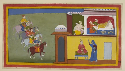 Lisää 15296 (1) f.83r, Neljä hevosen selässä olevaa sanansaattajaa lähestyvät Kekayan kaupunkia, kun taas palvelijat yrittävät herättää Bharatan, joka on nähnyt hälyttäviä unia isästään. Yhdessä niistä, alla olevassa kuvassa, kuningas pukeutui selkeästi ja