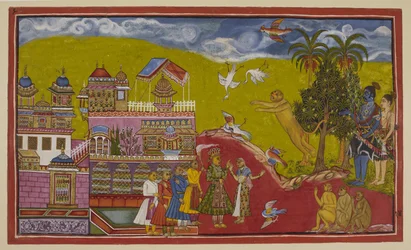 Lisää 15296 (2) f.14r, Sugriva ja hänen liittolaisensa ovat tulleet Balin palatsiin Kiskindhassa. Sugriva karjuu haasteensa niin, että linnut putoavat taivaalta peloissaan. Bali, hänen kuningattarensa Tara ja hänen ministerinsä ovat nousseet esiin kuultuaa