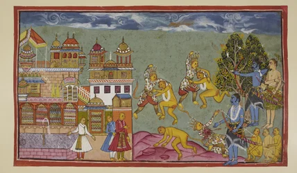 Lisää 15296 (2) f.18r, Palatsin ulkopuolella Sugriva ja Bali lyövät toisiaan raivokkaasti nyrkeillä ja nauloilla ja repivät sitten puita ja kiviä, mutta Bali on vahvempi ja hitaasti Sugrivan on pakko antaa periksi. Kun Rama näkee Sugrivan häviävän, hän k