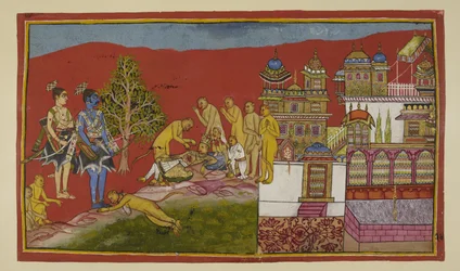 Lisää 15296 (2) f.24r, Palatsin ulkopuolella Bali makaa kuolemassa. Tara ja heidän poikansa Angada ovat nousseet palatsista itkemään häntä, kun taas Hanuman ja muut apinat lohduttavat heitä. Bali herää pyörtymyksestään kertoakseen Sugrivalle jättävänsä val
