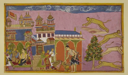 Lisää 15296 (2) f.38r, Laksmana astuu Sugrivan palatsiin, ja jälkimmäinen ottaa hänet vastaan kumartaen maahan ministerinsä takana. Kaksikko on sovitettu yhteen. Vasemmalla Sugriva ja Laksmana keskustelevat sohvalla. Sugriva käskee Hanumania kutsumaan hei