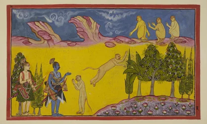 Lisää 15296 (2) f.3r, Sugriva pelkää aluksi, koska hän ajattelee, että hänen anastava veljensä Bali on lähettänyt nämä aseistetut soturit tuhoamaan hänet. Hän lähettää viisaan ministerinsä Hanumanin saamaan lisätietoja kahdesta muukalaisesta. Hanuman esitt