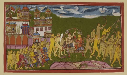 Lisää 15296 (2) f.43r, Sugriva ja Laksmana kuljetetaan kultaisessa pentueessa, jota apinat kantavat, Kiskindhasta